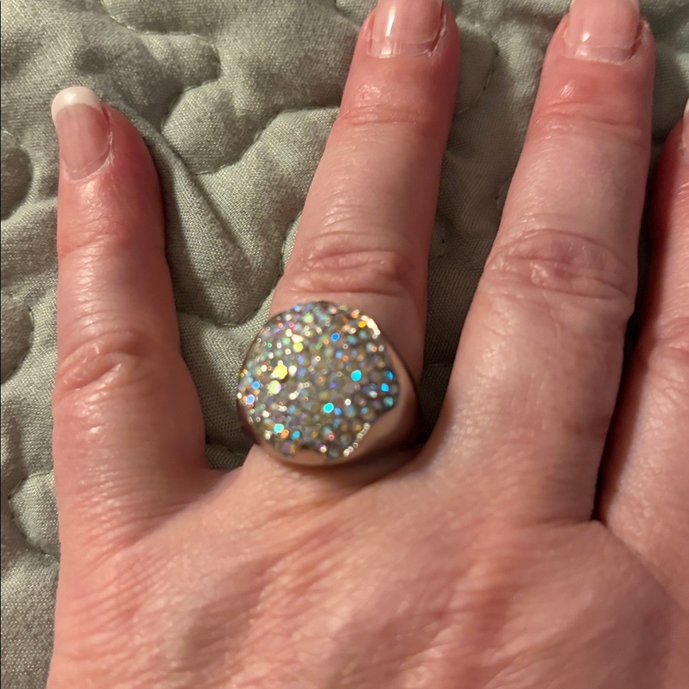 Vintage modernest silver toned AB crystals domed chunky statement ring.size 8.